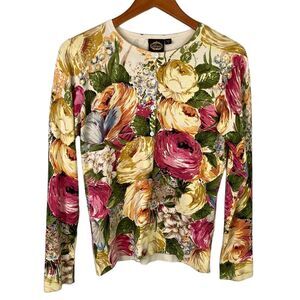 Lacquer Silk Blend Floral Button Front Long Sleeve Cardigan Lightweight Colorful
